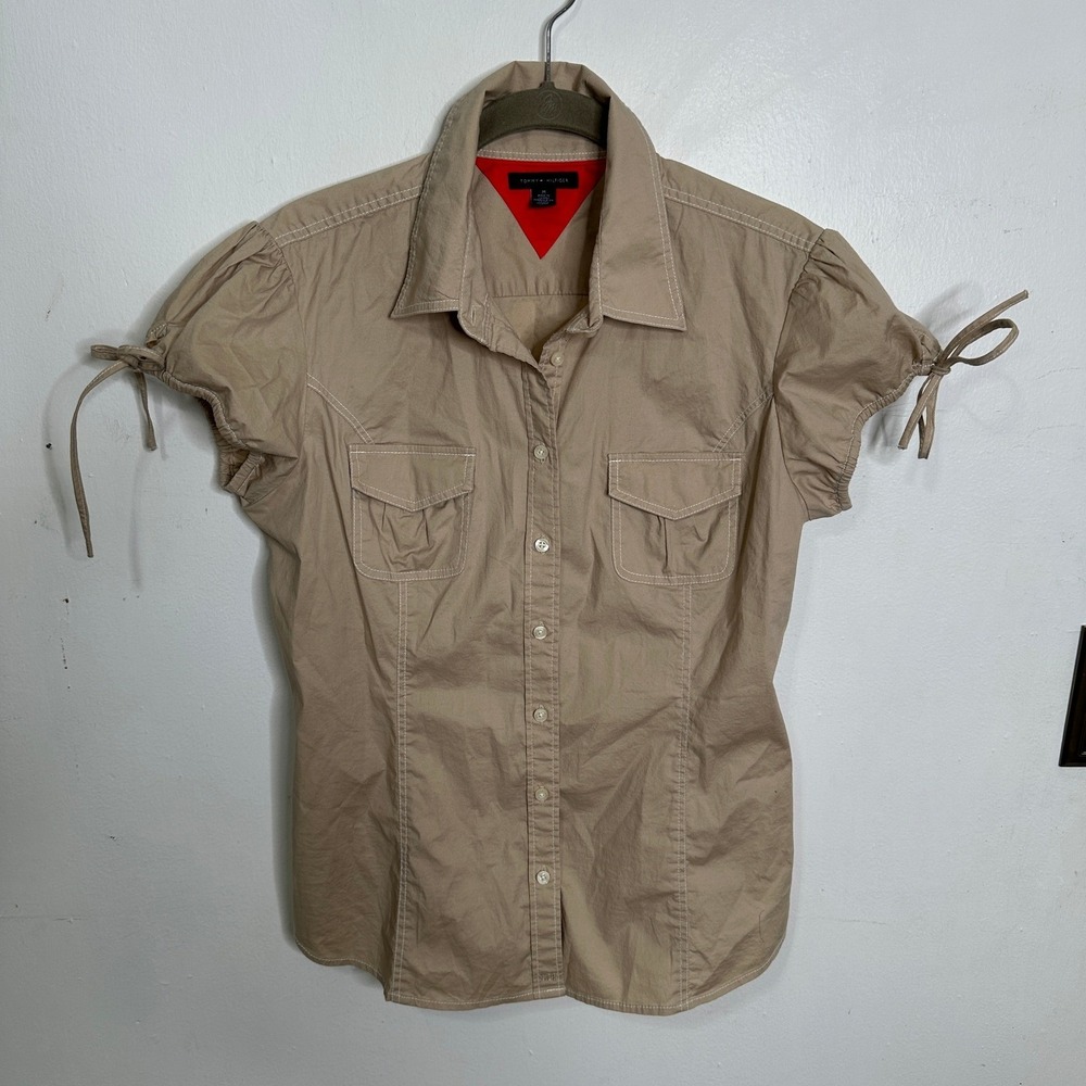 Tommy Hilfiger Tan Khaki Puff Sleeve Tie Button Down Shirt Contrast Stitch Sz M